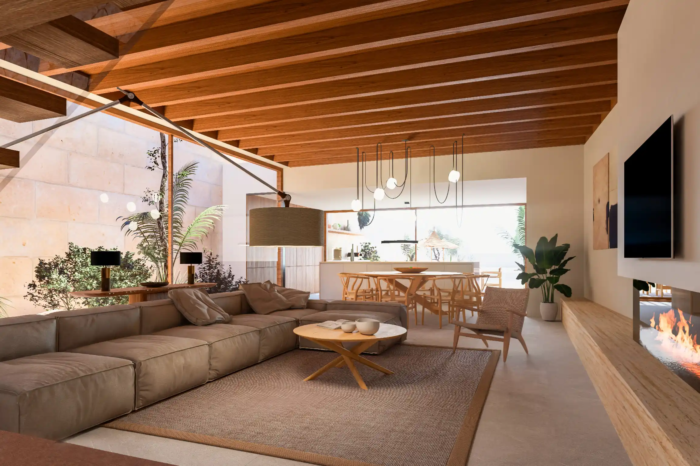 Large sofa with carpet, hanging floor-to-ceiling lamp, and circle coffee table in living space